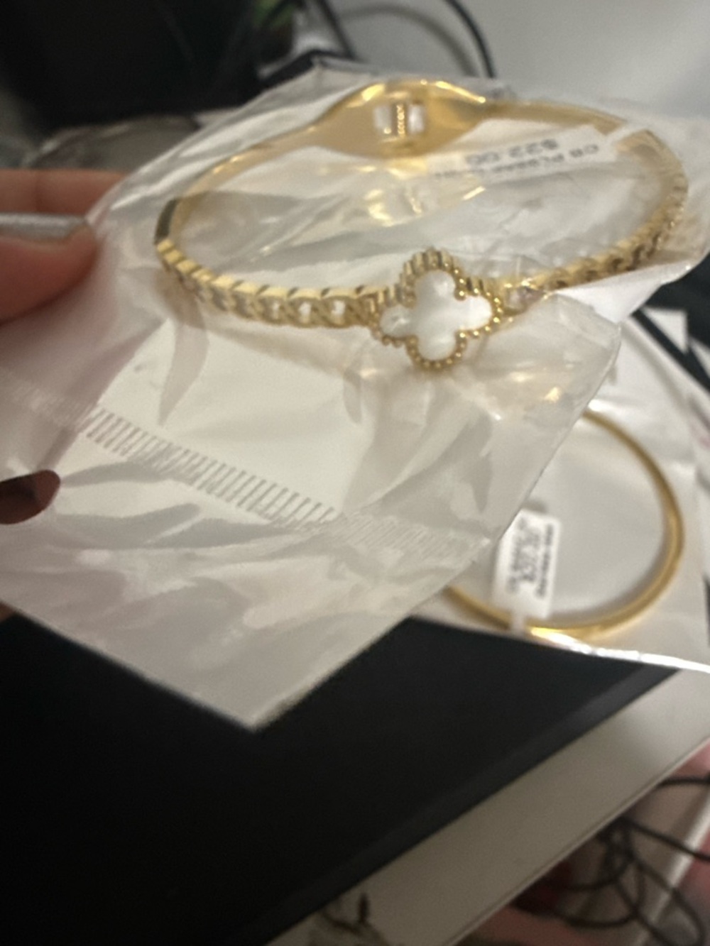 Gold Clover Bangle Bracelet with White Inlay - Women Jewelry